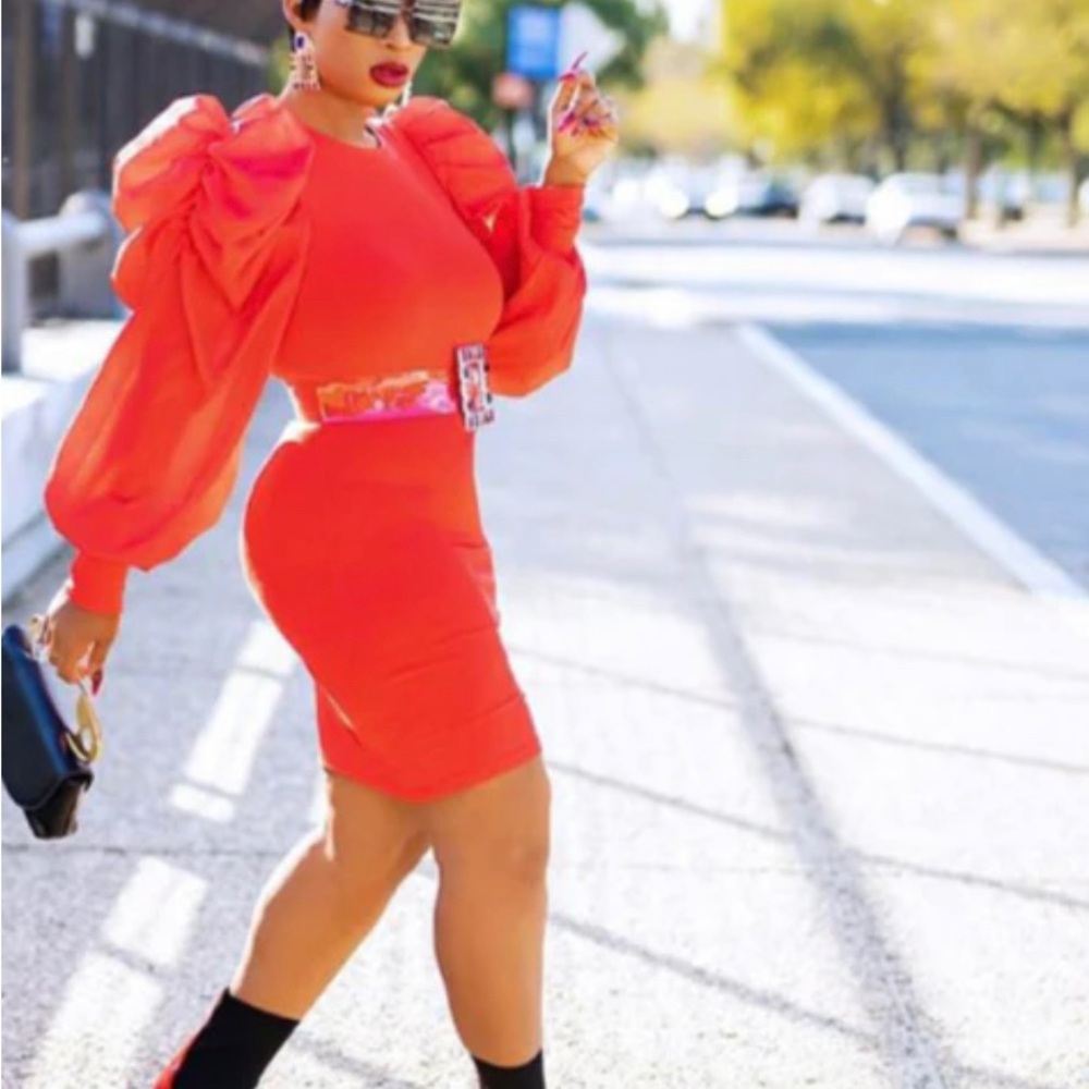 🔥 Fire Red Puff Arm Chic Jersey Dress 🔥